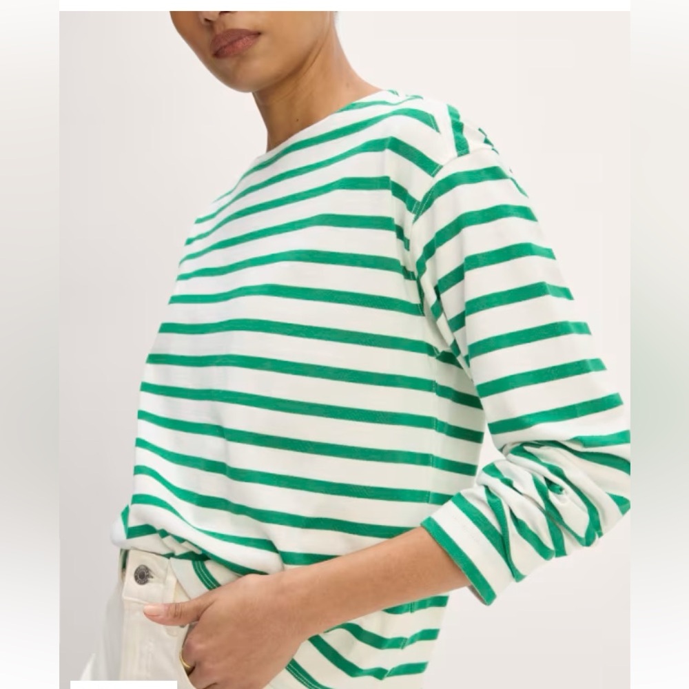 Everlane Green and White Striped Long Sleeve Tee